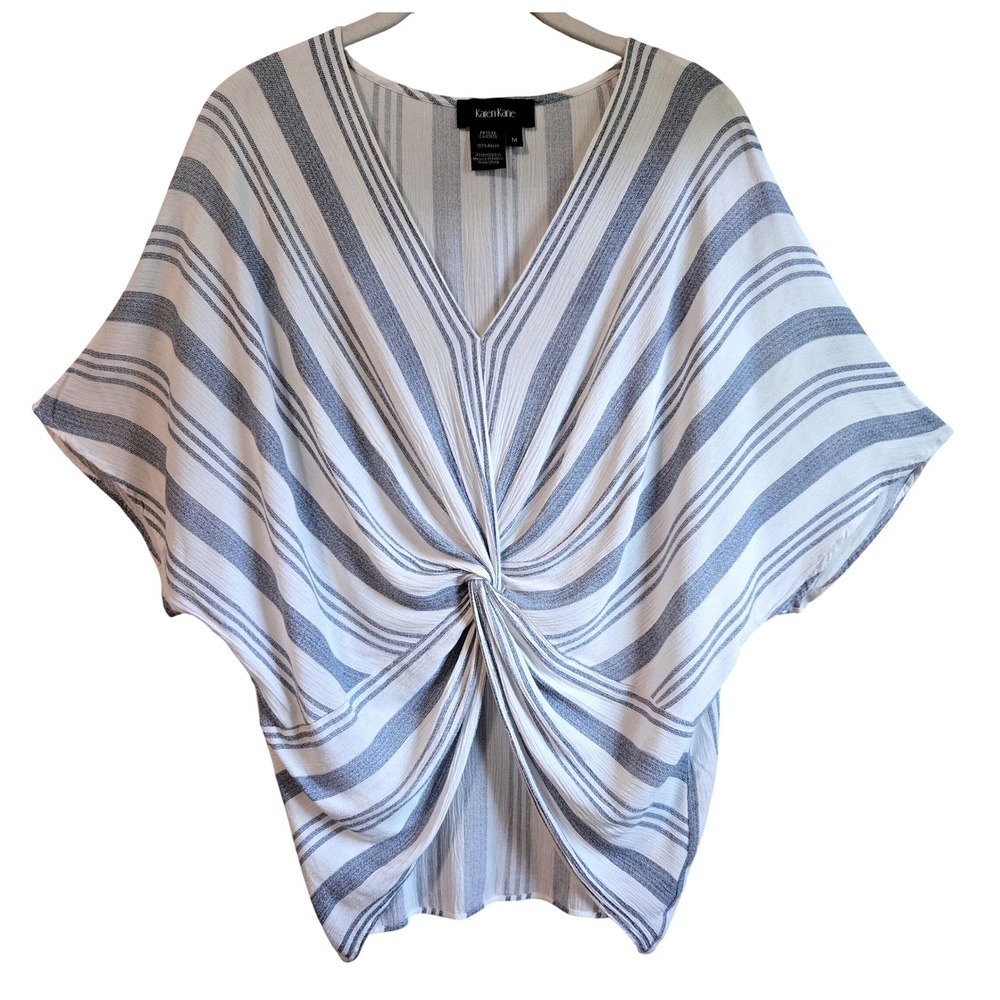 Karen Kane Classy Chic Blue White Striped Front Twist V-Neck Blouse Women's M